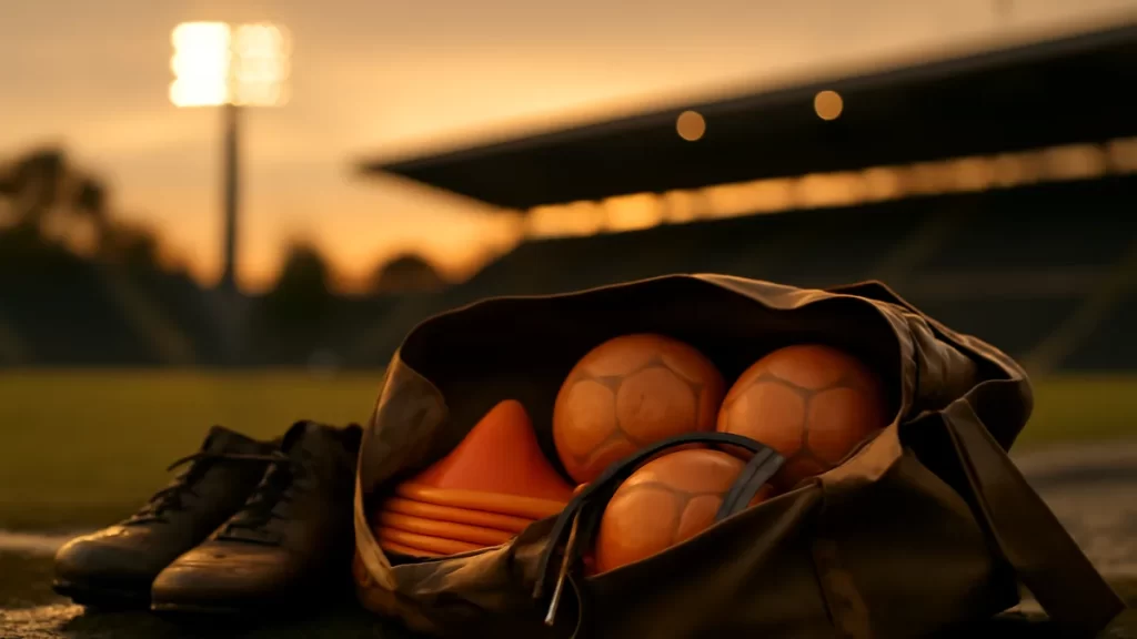 A coach’s kit bag: what to pack and how to choose Open kit bag with boots, spare balls and cones on wet sideline
