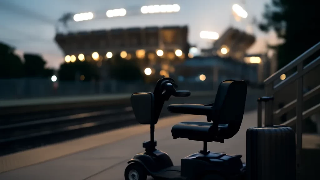 Mobility scooter and suitcase on empty platform, stadium lights blurred