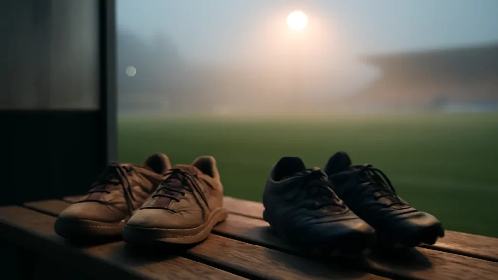Adult beginners: what to buy first for a new sport Trainers and cleats on bench beside empty floodlit football pitch.