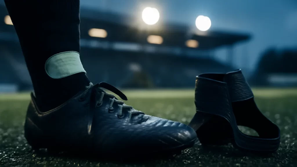 Ankle braces and taping: choosing support for sport Close-up of wet football boots on turf with ankle tape and brace.