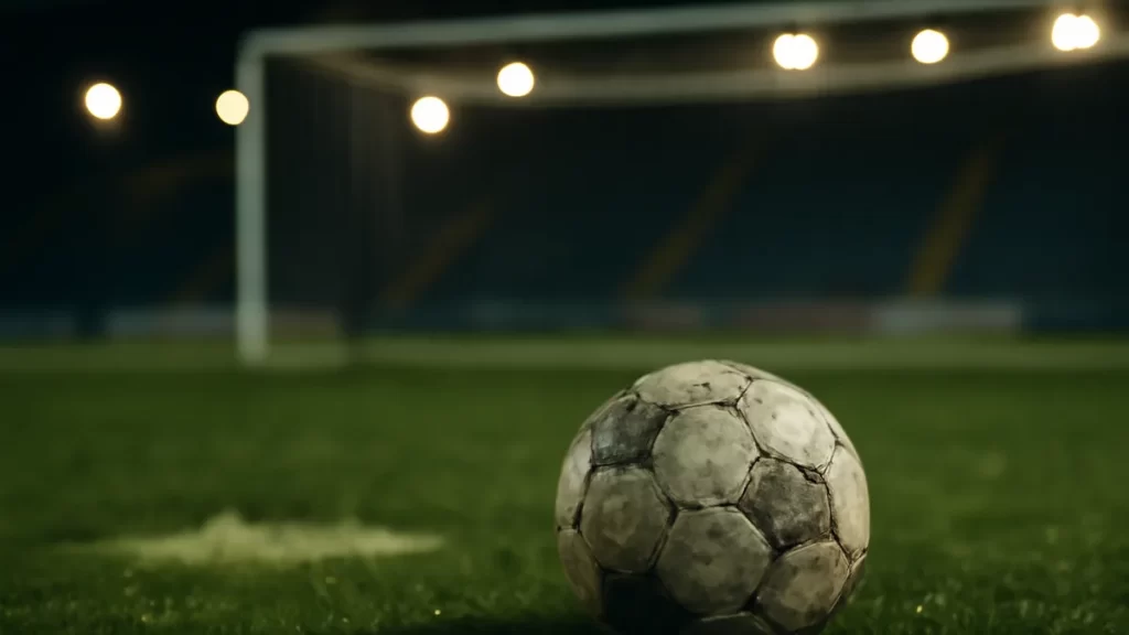 Ball certification marks explained: choose the right match ball Scuffed match ball on dewy grass with blurred goal and stands.