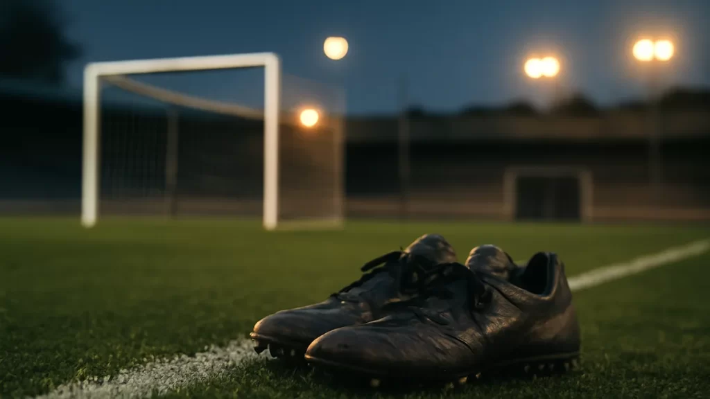 Dusk-lit empty football pitch with boots on sideline and goal net