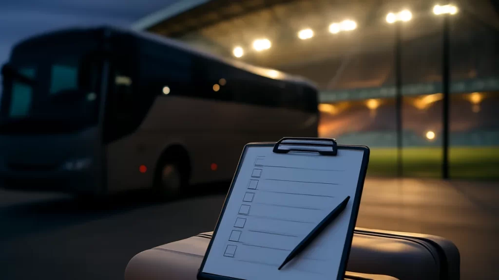 Booking a supporters‑club group trip: the practical decision guide Clipboard and suitcases by parked coach outside illuminated stadium at dusk