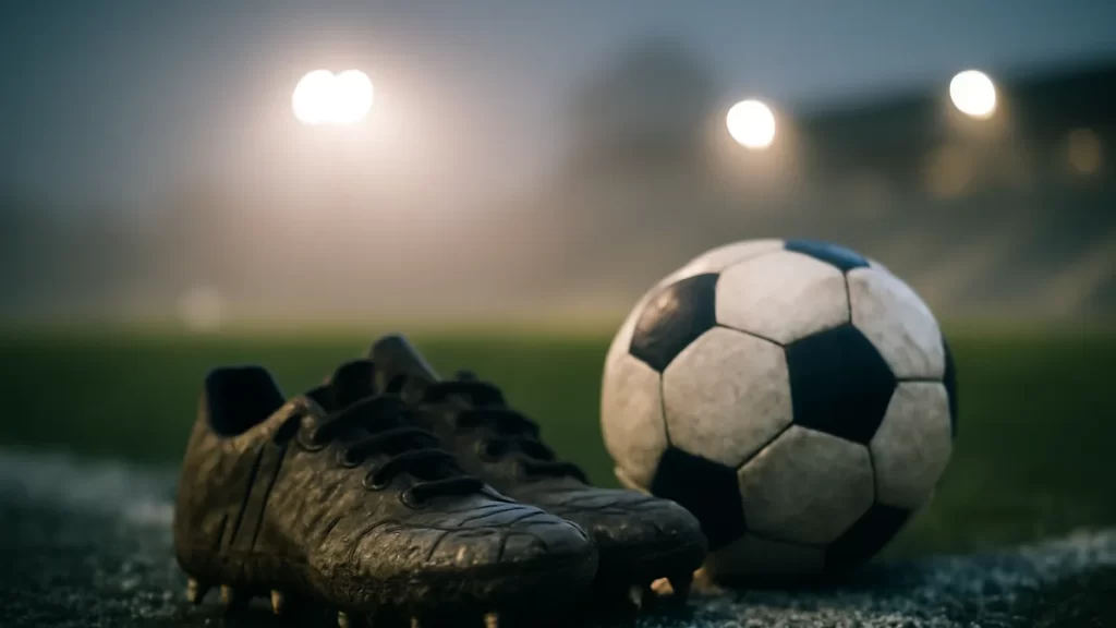 Mud-streaked boots and a match ball on a wet touchline, empty stands