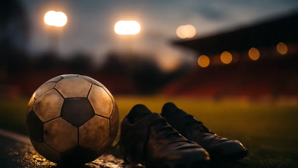 Scuffed football and boots on wet sideline under glowing floodlights.