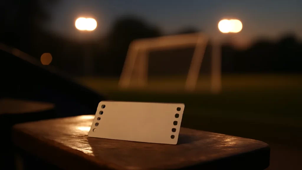 Buying match tickets safely: a practical decision guide Plain paper ticket on scuffed stadium seat under evening floodlights.