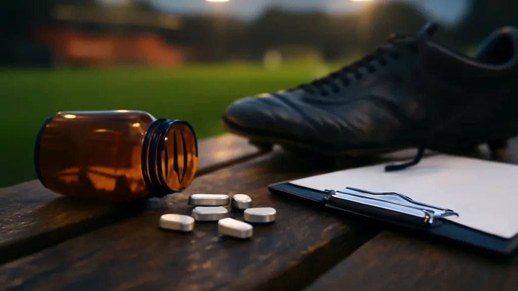 Unlabeled supplement bottle, tablets, boot and clipboard on bench