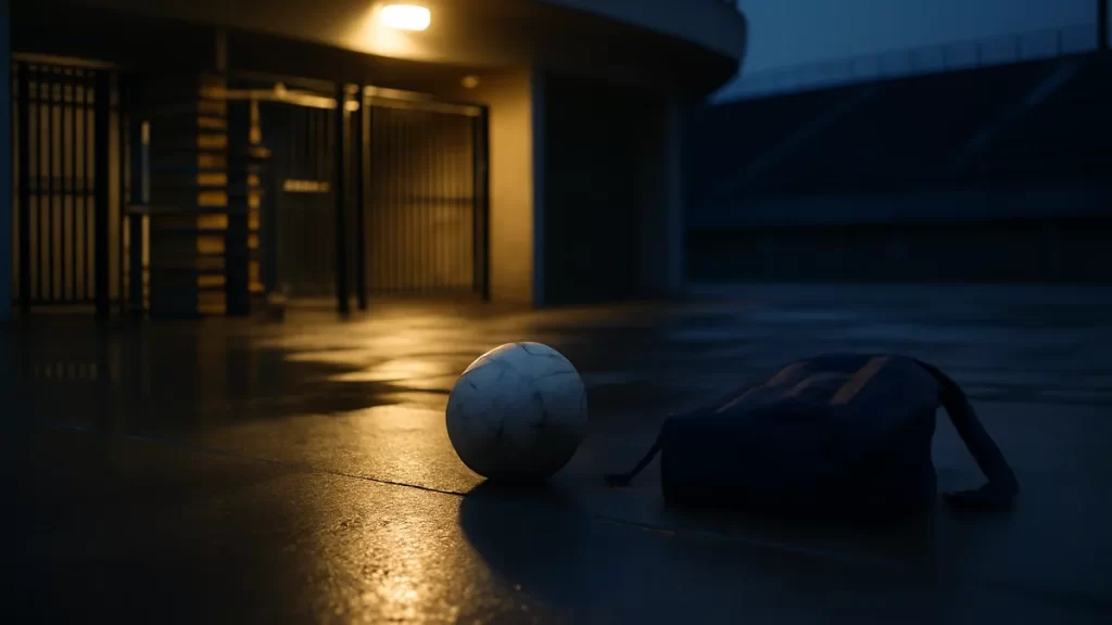 Cancellation and refunds for match travel: who pays and when Abandoned backpack and football on wet concourse outside closed stadium turnstiles.