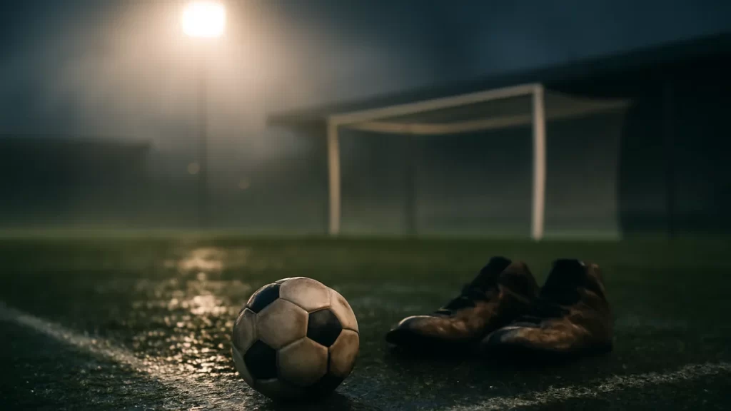 Cardinals steal late wild-card hope as Reds collapse in chaotic ninth Wet football pitch at dusk with lone ball, boots, and goal net.