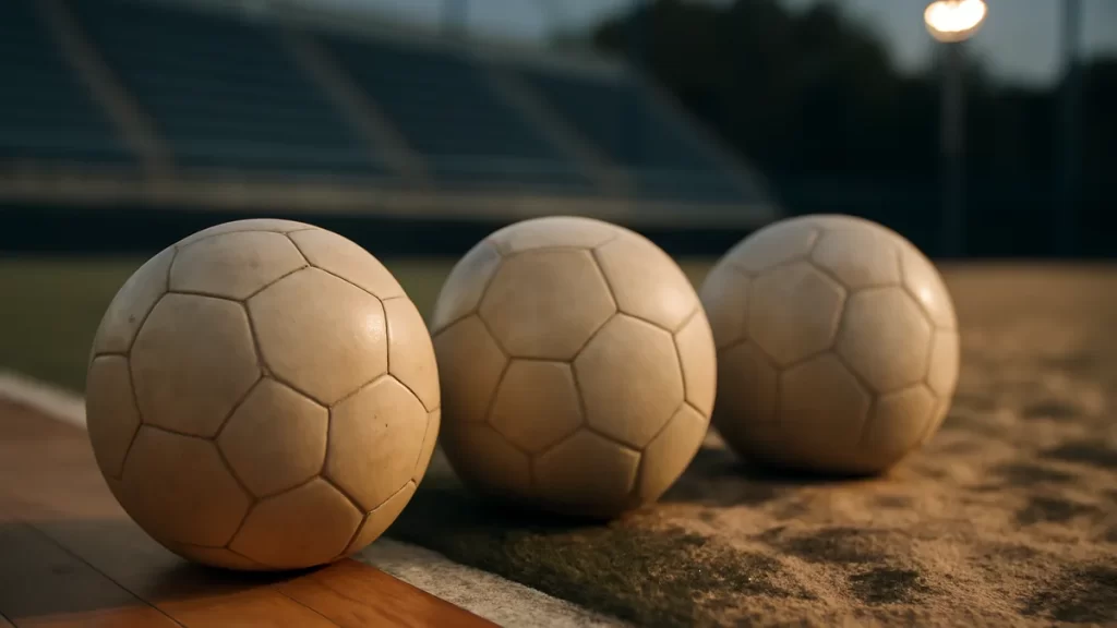 Choosing a ball for futsal, turf and beach: what really matters Three unbranded balls on wood court, turf and sand meeting, blurred stands