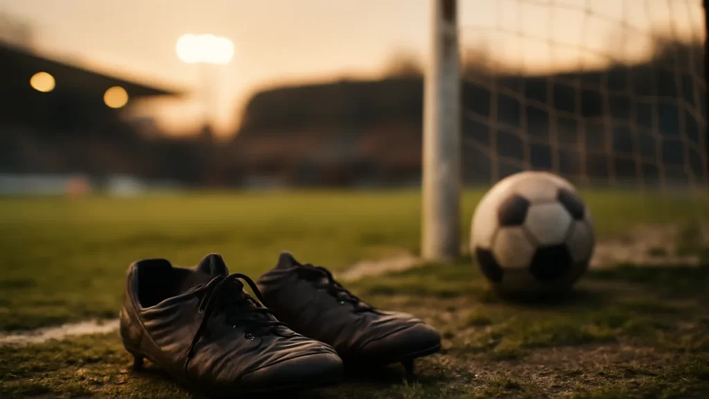 Scuffed boots and lone ball by goal net on damp pitch at dusk.