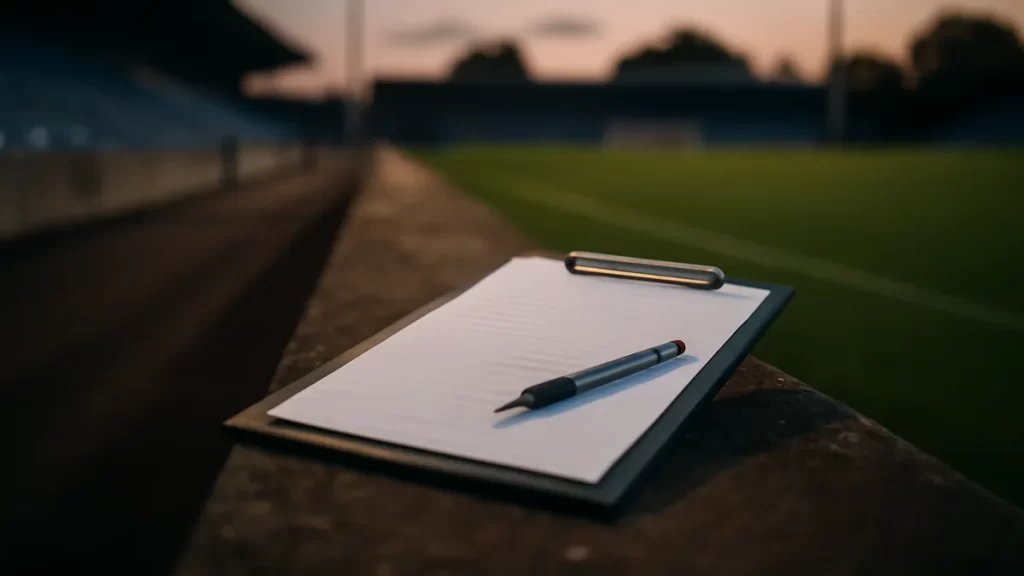 Clipboard and pen on a bench by an empty floodlit football pitch.