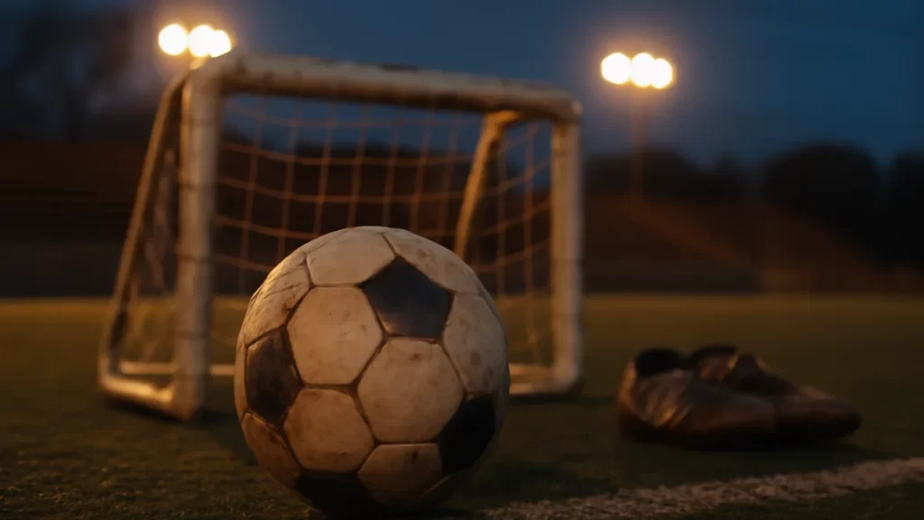 Choosing a five-a-side league: the essentials to check first Scuffed football on artificial turf with small goal and boots nearby.