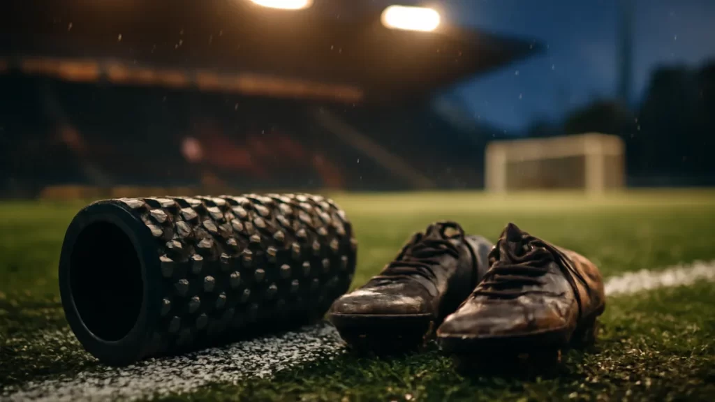 Choosing a foam roller: a practical buyer’s checklist Foam roller and muddy boots on wet pitch under evening floodlights.