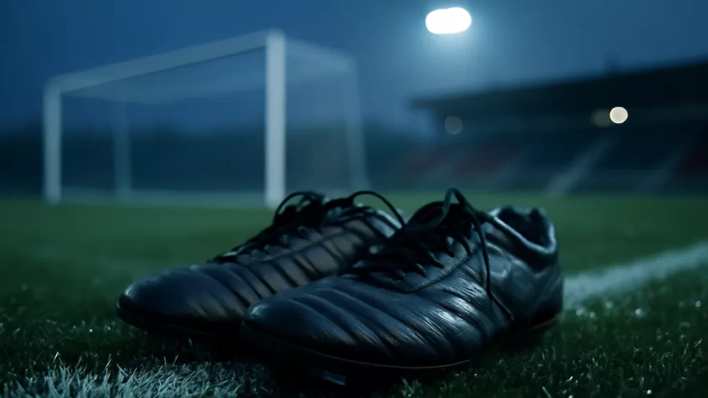Worn football boots on wet sideline, blurred goal net and floodlights