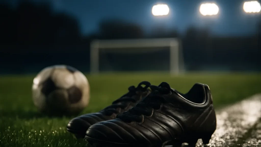 Choosing a Nutrition Coaching Service That Works Worn football boots on wet sideline with goal and floodlights blurred