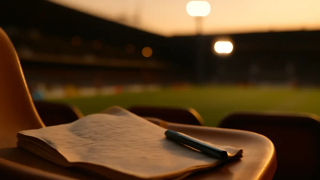 Notebook and pen on stadium seat overlooking a lit football pitch