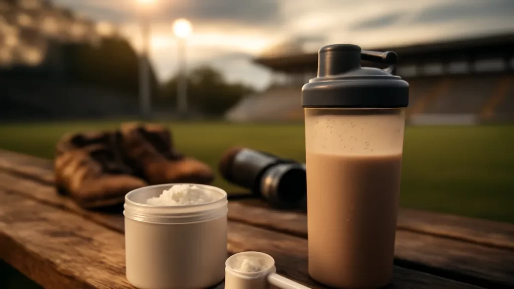 Open canister of powder and scoop on sideline bench at dawn.