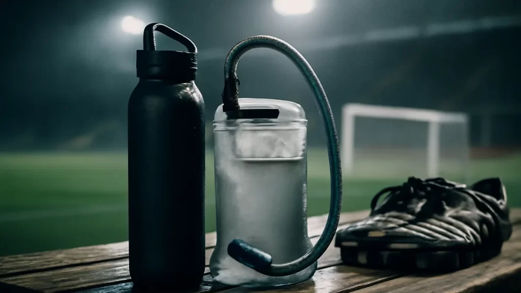 Choosing a sports bottle or hydration pack: what to buy and why Insulated bottle and hydration pack on bench, boots and floodlit empty stadium