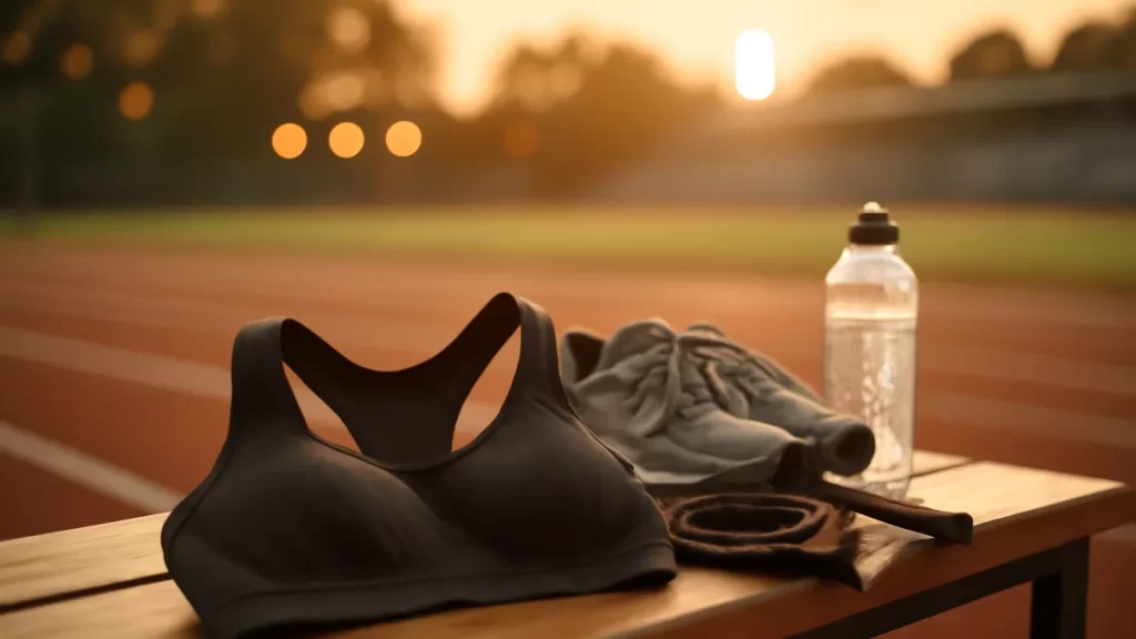 Choosing a sports bra for high-impact activity High-support sports bra on bench with running shoes and jump rope