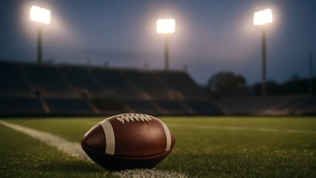 Single football on wet grass under stadium floodlights at dusk.