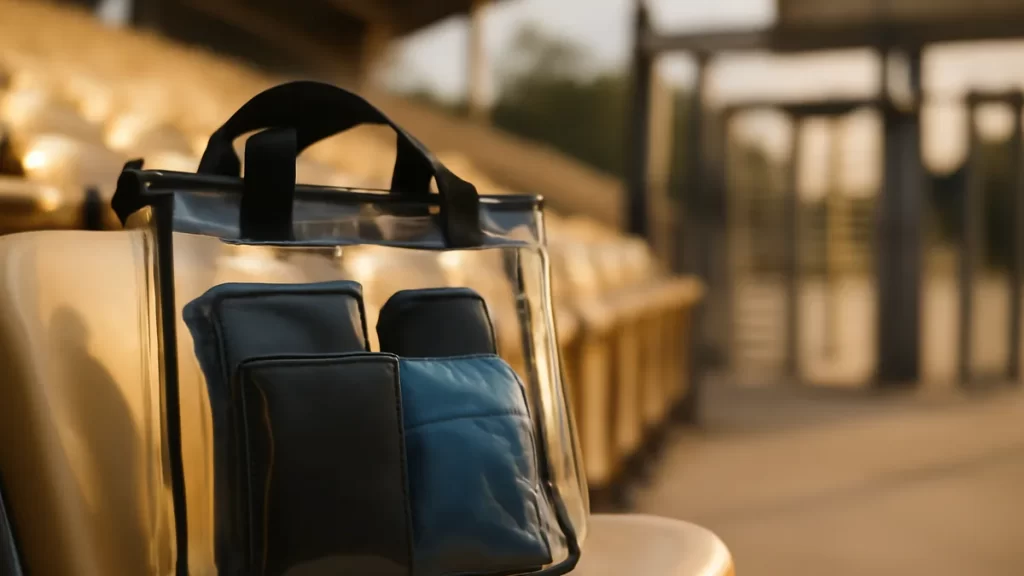Choosing a stadium bag: what to bring and what to leave at home Transparent stadium bag with essentials on seat, empty stands in background