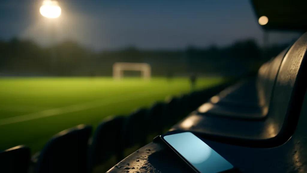 Choosing a stats and data service for fans Smartphone glowing on a damp stadium seat with pitch and goal blurred