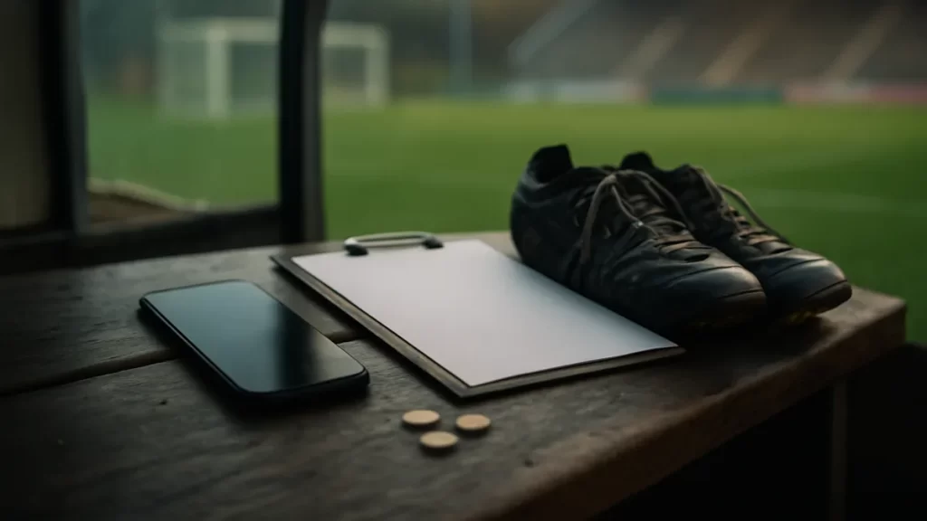 Smartphone on bench with boots, clipboard and coins, goal blurred