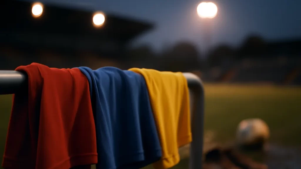 Three plain training tops draped over barrier by wet pitch.