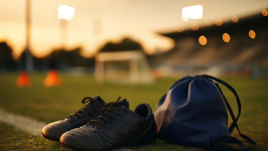 Choosing a youth football academy or club: a practical guide Youth football boots and kit bag by cones beside an empty pitch