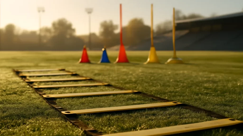 Choosing agility ladders, cones and training poles Agility ladder on grass with cones and training poles blurred beyond
