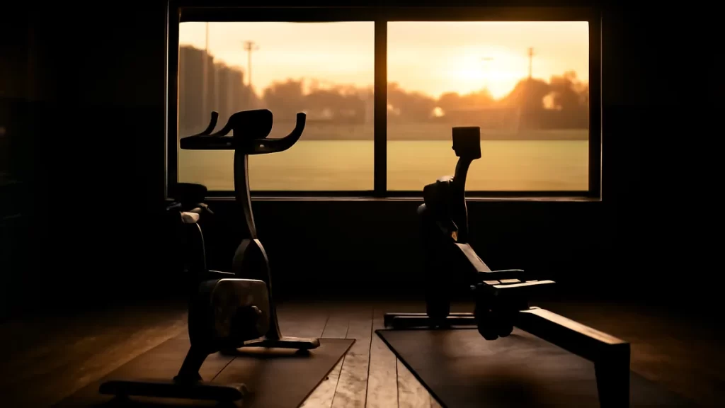 Choosing between a bike and a rower for off‑season conditioning Stationary bike and rowing machine by window overlooking empty floodlit pitch.