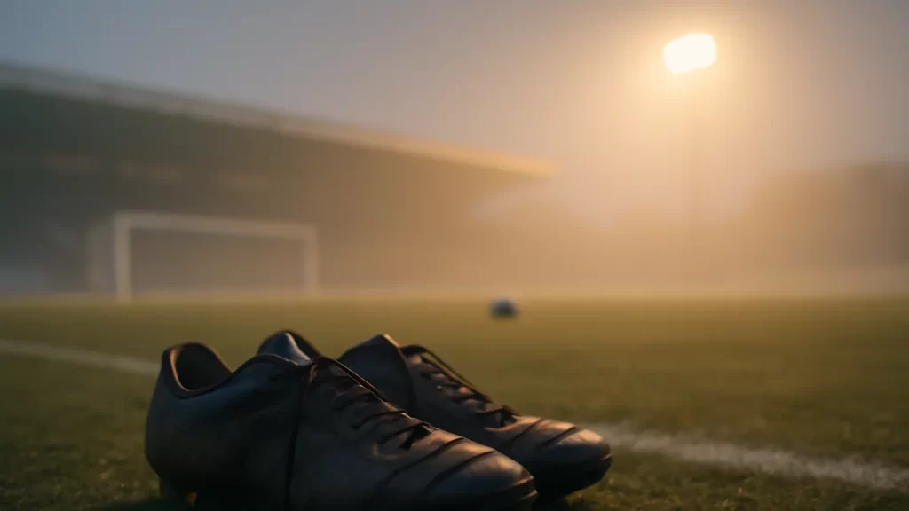 Choosing between online and in-person personal training Worn football boots on touchline with ball and empty floodlit pitch