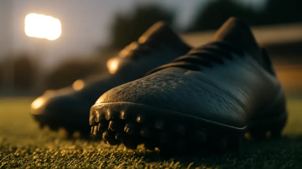 Close-up of football boot soles with small nubs on artificial turf.