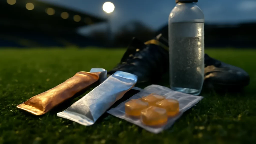 Choosing gels and chews for long training sessions Unbranded energy gels and chews by boots on damp grass, stadium blurred