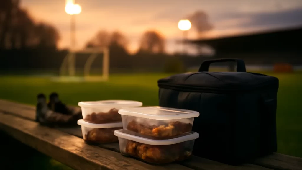 Sealed meal containers and cool bag on bench by pitch at dusk.