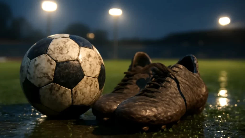 Choosing physiotherapy and massage services: a practical spending guide Muddy football boots and ball on wet pitch under glowing floodlights.