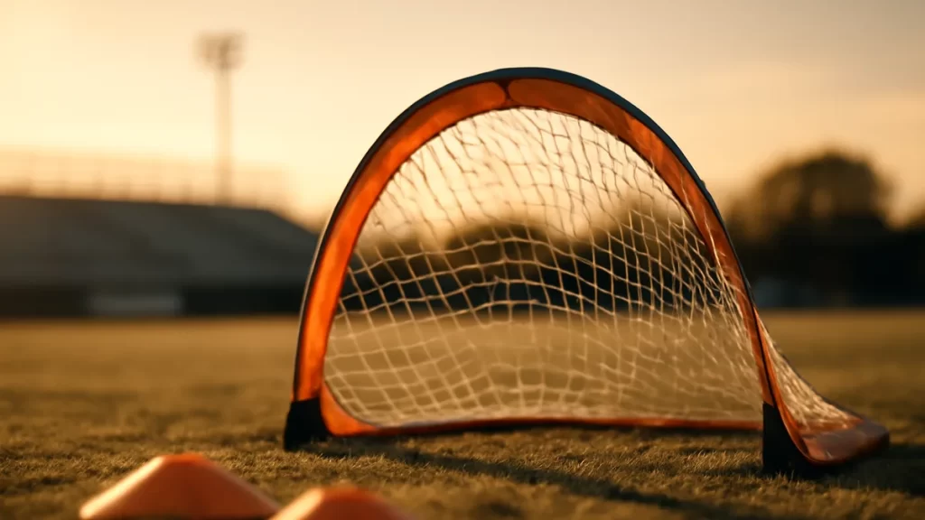 Choosing portable goals and nets: what to check before buying Portable pop-up goal staked in grass with taut net and cones.