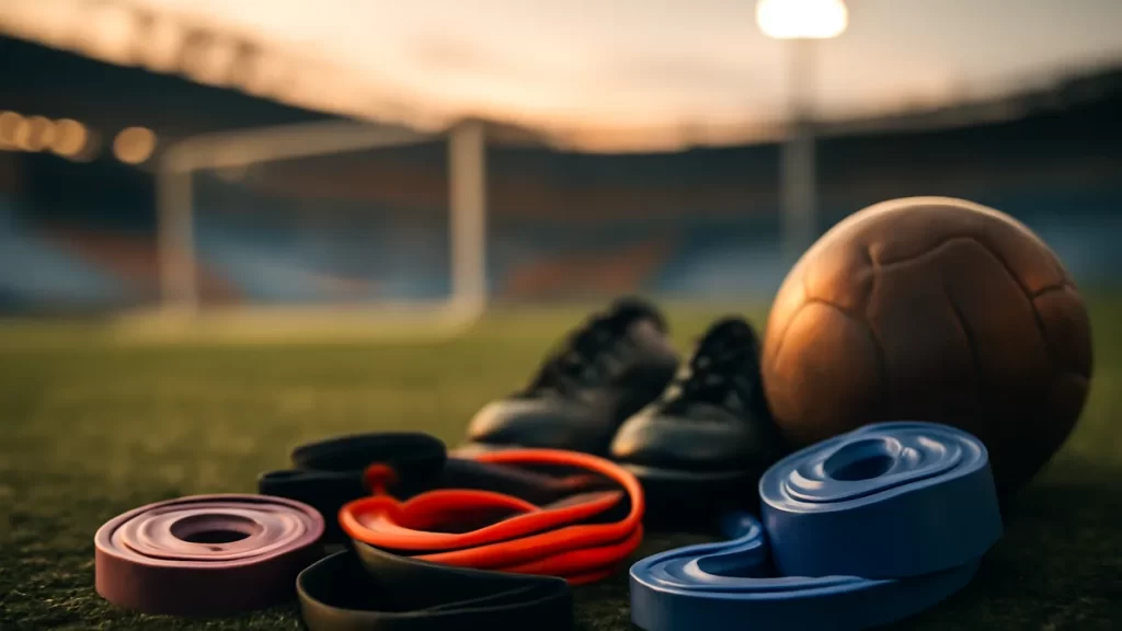 Choosing resistance bands: a practical buying guide Three resistance bands, boots and ball on a floodlit pitch at dusk.
