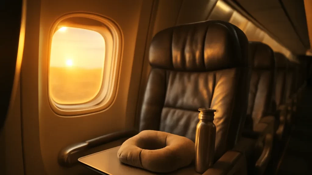 Choosing seats on a long‑haul flight: a practical buying guide Empty airplane window seat at sunrise with tray table and travel pillow