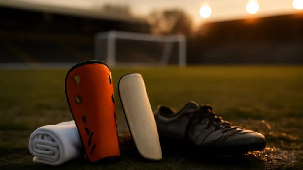 Shin guards, socks and boots on wet pitch with blurred stadium background