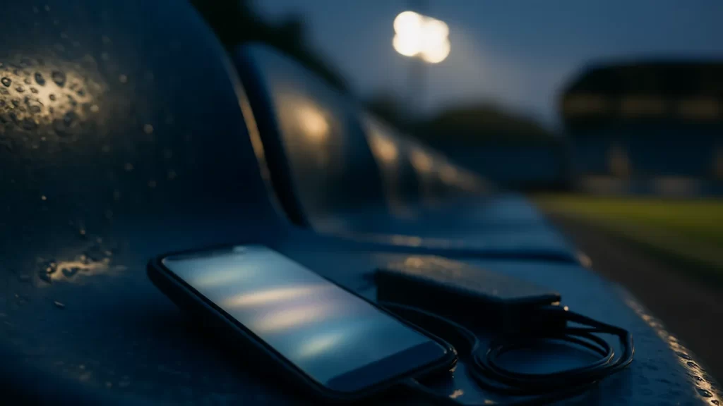 Smartphone on wet stadium seat with power bank, blurred floodlights