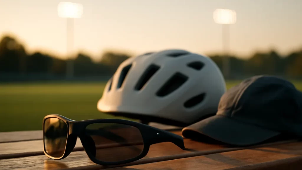 Choosing sunglasses for outdoor sport: a practical decision guide Sport sunglasses on bench beside bike helmet, blurred pitch at sunset