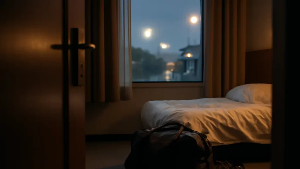 Choosing the right hotel for a match weekend Open hotel room with packed bag, boots, and distant floodlit stadium