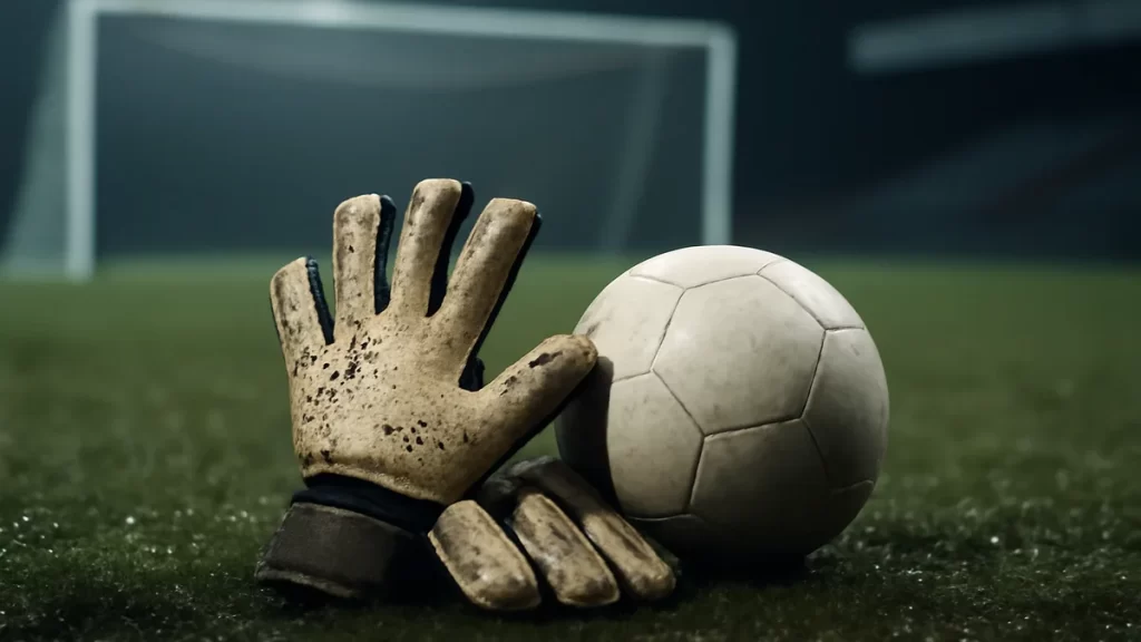 Choosing winter training gloves: grip, warmth and rules Worn goalkeeper gloves and unmarked football on wet pitch, empty stands.