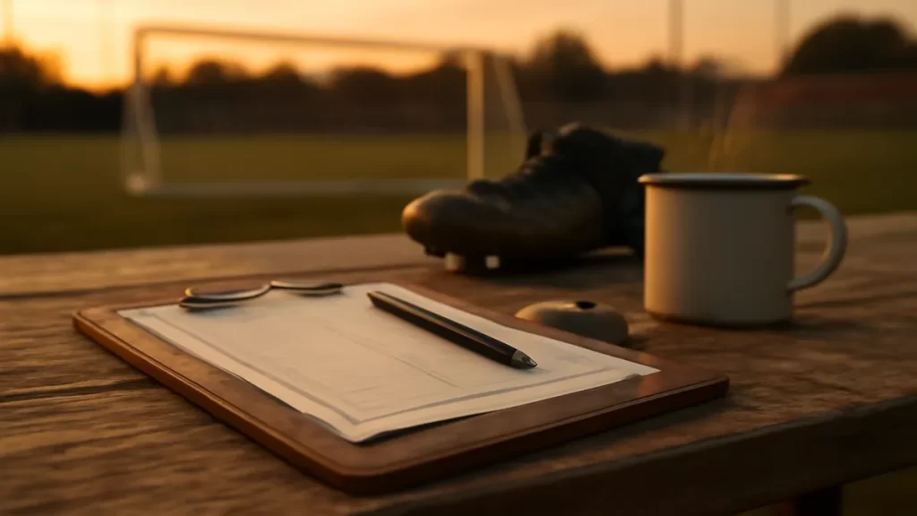Clipboard, pen, coins and boots on table by empty football pitch