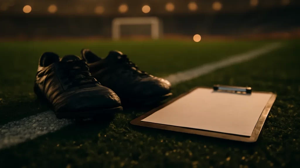 Coaching courses and licences: a practical buying guide Scuffed boots and clipboard on wet pitch under stadium floodlights