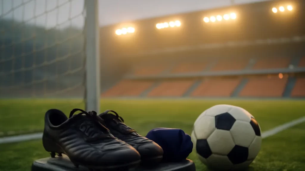 Compression socks for travel and recovery: how athletes should choose Football boots on a stadium seat beside compression socks and ball at dawn.