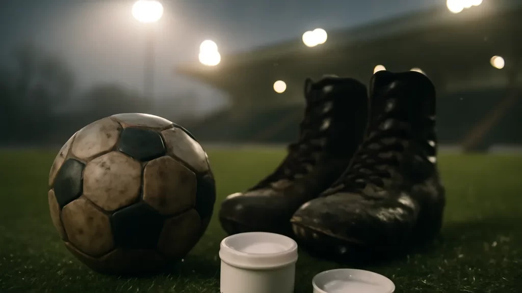 Creatine: what it does and who should use it Football, muddy boots and open white scoop on wet pitch at dusk.