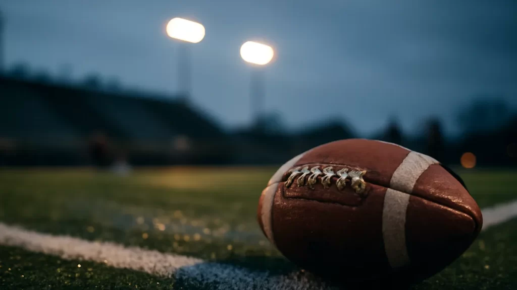 Worn football on wet turf under stadium lights, distant blurred player silhouettes.